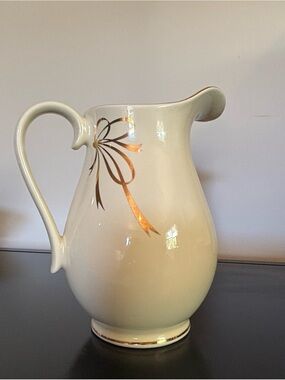 Cream Ceramic Pitcher with Gold Ribbon Accent